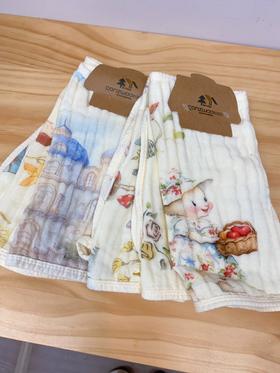 松植屋纱布高密印花童巾3条长方巾组合装婴幼儿童洗脸巾 汗巾 口水巾