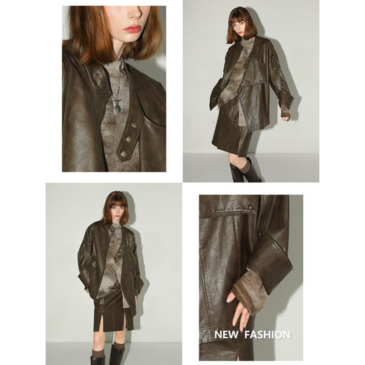 【专属秒杀】COCOBELLA手工擦色PU皮衣时尚两穿外套女廓形机车夹克PU3002 商品图2