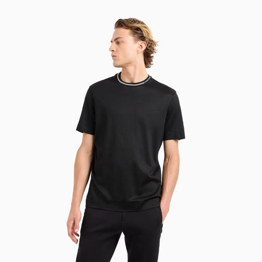 EMPORIO ARMANI 阿玛尼 男士 ASV 莱赛尔纤维混纺平纹针织徽标领圆领短袖T恤 黑色 6D1T95 1JOSZ 0999 商品图1