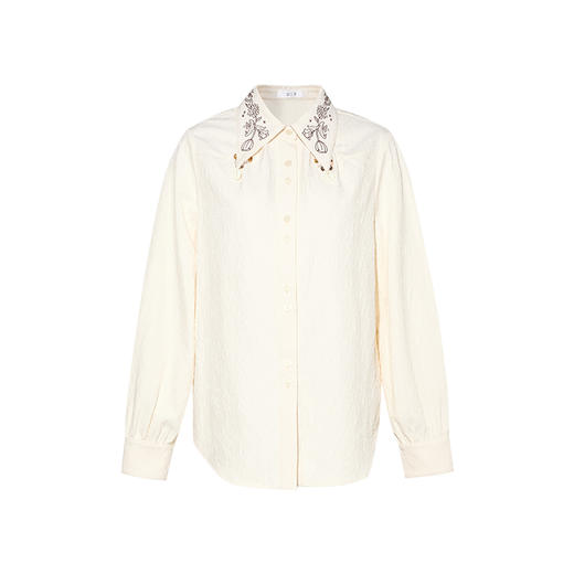 两三事 风花光尘 2024冬季新款文艺风绣花翻领纽扣装饰长袖衬衫女 商品图4