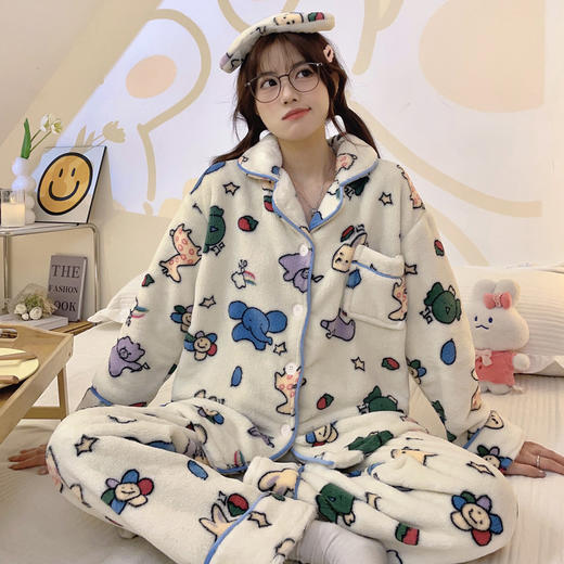 【加绒加厚！日系卡通法兰绒睡衣】细腻轻糯 快速升温 持久保暖！可居家可外穿，可爱女款秋冬季长袖长裤两件套睡裤家居服 商品图0