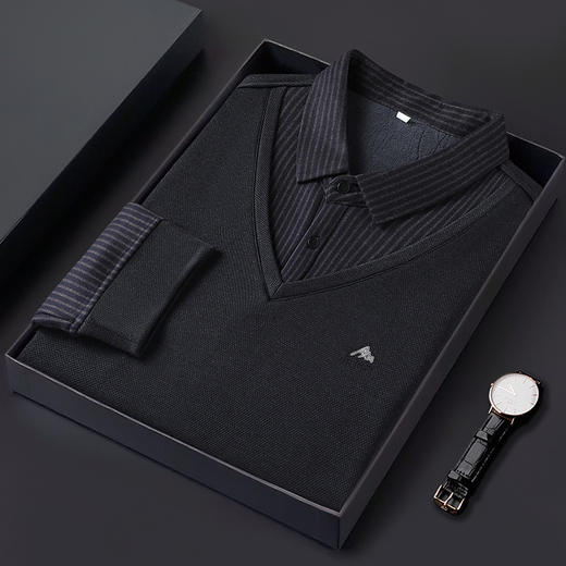 【加绒】【新款DWP】大依优型大码假两件长袖T恤衬衫领卫衣男装加肥加大体恤大号上衣胖子商务休闲 商品图5