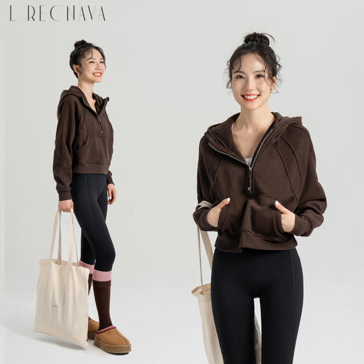 L RECNAVA [加绒卫衣] 半拉链短款卫衣 套头连帽长袖 显高显瘦 穿脱方便 商品图3