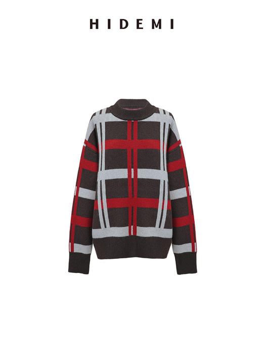 HIDEMI 进口澳洲美利奴羊毛趣味手绘格纹设计感撞色加厚款廓形套头大毛衣   红棕白\黄棕蓝 商品图8