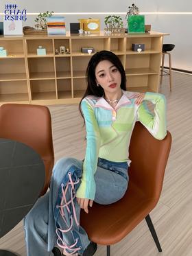 翻领条纹撞色羊毛打底衫