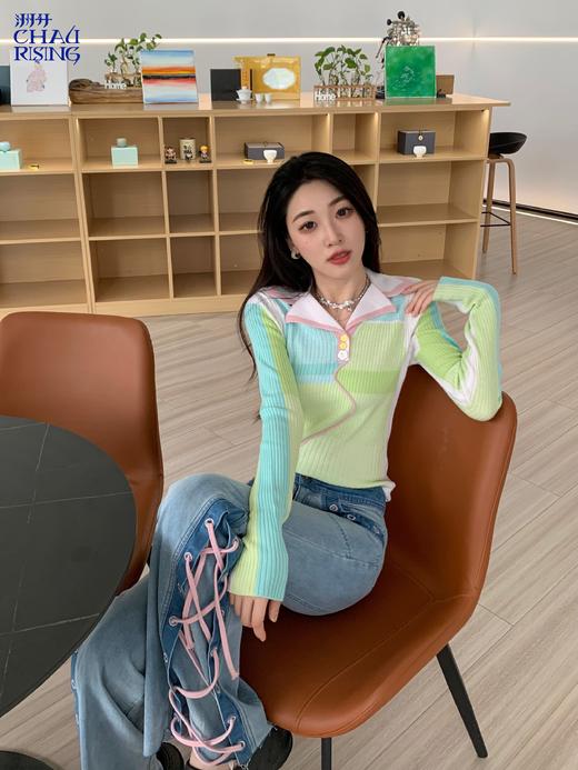 翻领条纹撞色羊毛打底衫 商品图0