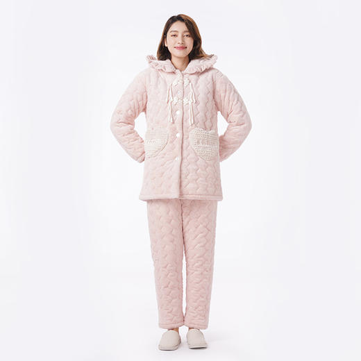 都市丽人睡衣夹棉系列长袖家居服兔毛绒烂花夹棉加厚女士夹棉套装LHT1Q5 商品图1