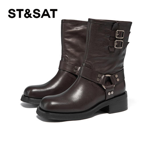 星期六复古金属扣方头粗跟中筒靴SSC4116396 商品图7