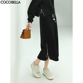 【有赞】HS517COCOBELLA金属拉链侧开叉半身裙女质感空气层休闲长裙