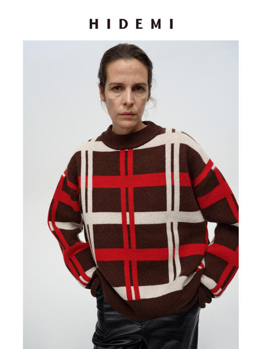 HIDEMI 进口澳洲美利奴羊毛趣味手绘格纹设计感撞色加厚款廓形套头大毛衣   红棕白\黄棕蓝 商品图6