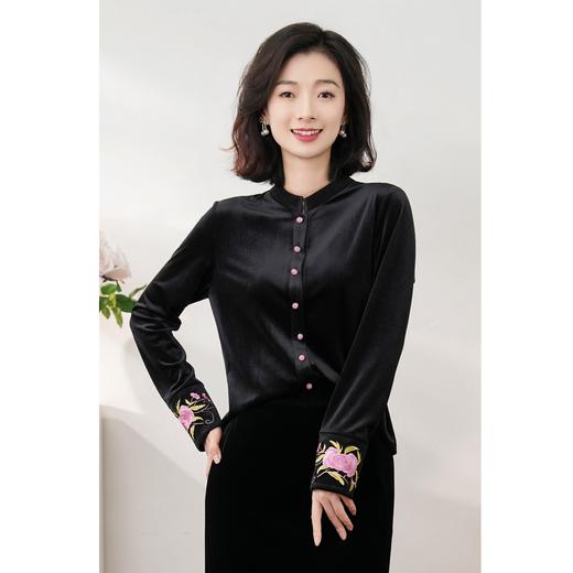 西子/【夜与蔷薇】进口韩国绒丝绒刺绣中式水晶扣衬衣上衣开衫/WTBH498 商品图1