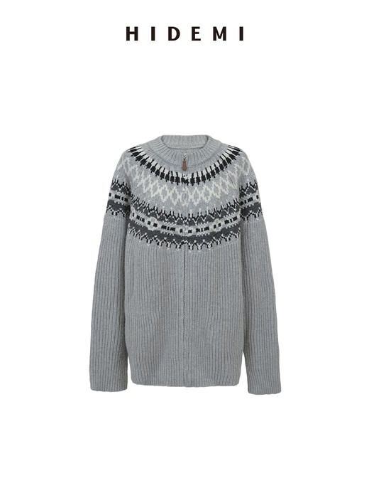 HIDEMI 澳洲进口美利奴羊毛手绘复古费尔岛提花多股粗砂纱加厚款毛衣大外套/针织毛线帽套装 卡其色\灰色 商品图11