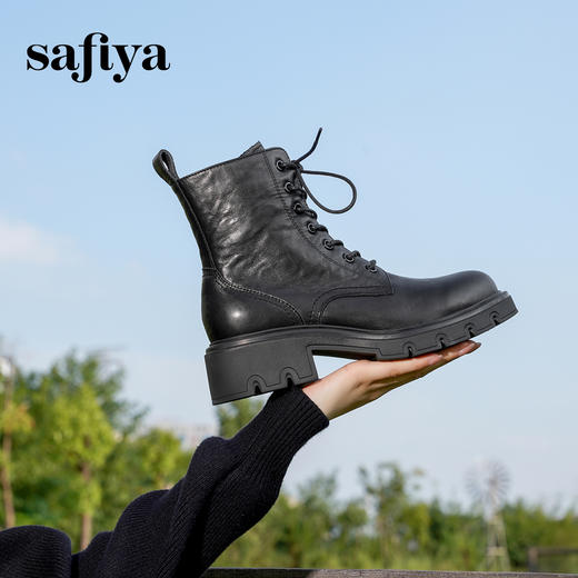 Safiya/索菲娅2024冬英伦风真皮褶皱做旧复古厚底马丁靴 SF44116265 商品图1