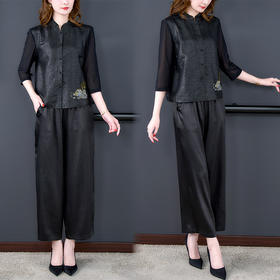 AHM qyy9701新中式复古绣花套装气质衬衣阔腿裤两件套