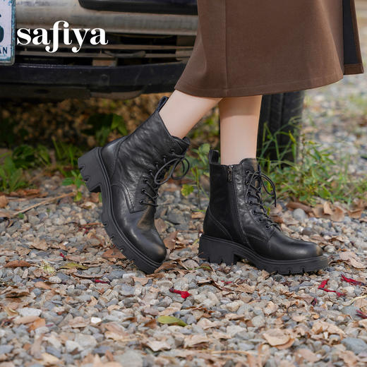 Safiya/索菲娅2024冬英伦风真皮褶皱做旧复古厚底马丁靴 SF44116265 商品图0