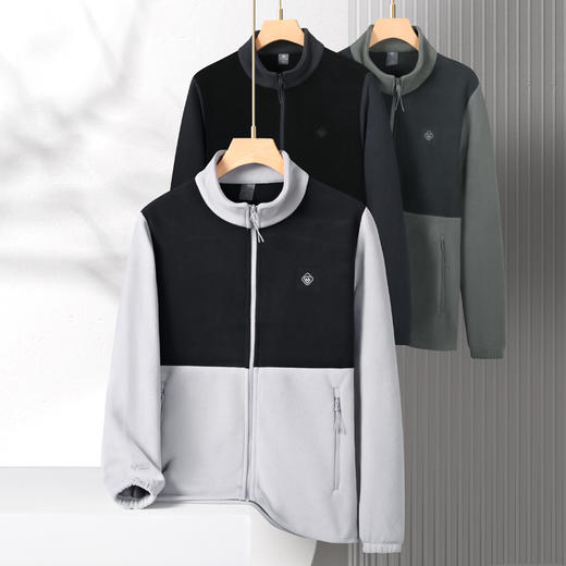 【抓绒衣】【新款DK】大依优型大码男装立领拼接夹克抓绒衣加肥加大休闲夹克胖子宽松防风外套上衣 商品图0