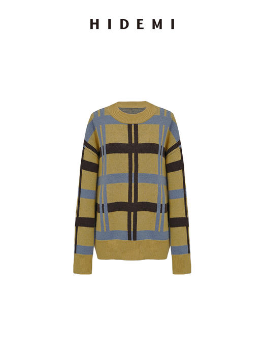 HIDEMI 进口澳洲美利奴羊毛趣味手绘格纹设计感撞色加厚款廓形套头大毛衣   红棕白\黄棕蓝 商品图9