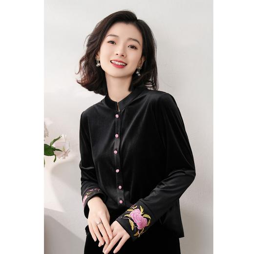 西子/【夜与蔷薇】进口韩国绒丝绒刺绣中式水晶扣衬衣上衣开衫/WTBH498 商品图2