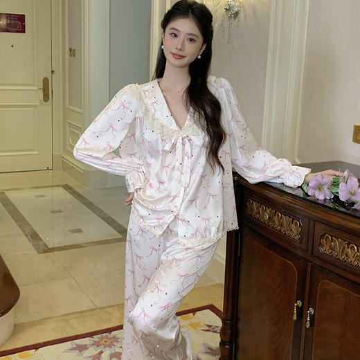 【秋冬严选！甜美公主风冰丝套装】法式睡衣女士长袖长裤秋季睡裤家居服可外穿 商品图5