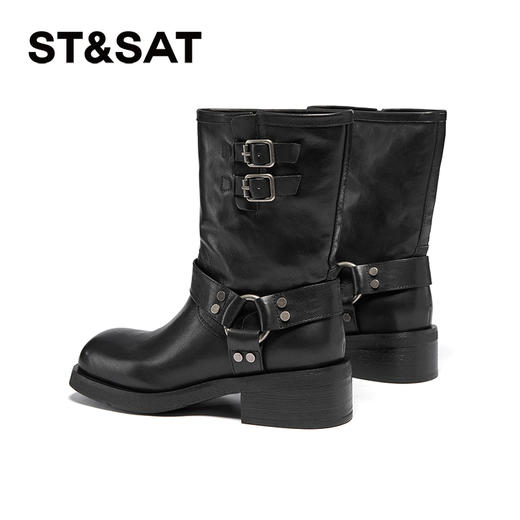 星期六复古金属扣方头粗跟中筒靴SSC4116396 商品图6