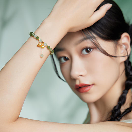 周六福黄金金镶玉手串节节高升竹节女手链和田玉串珠节日礼物 商品图4