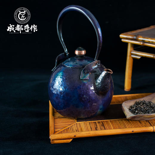 成都手作李小毛提梁胖墩铜壶 蓝彩釉 非遗工艺手工铜壶功夫茶具 商品图6