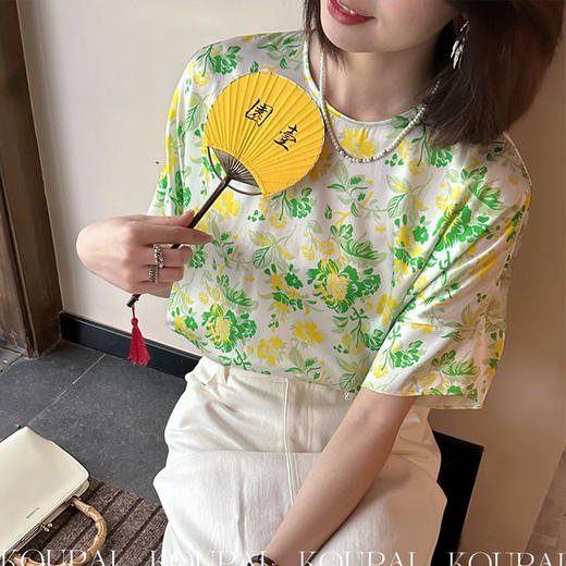 【顺丰包邮】31605 洛诗琳真丝弹力缎印花短袖圆领上衣1289 商品图0