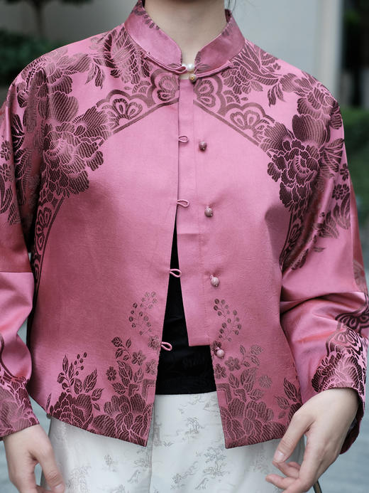 临时|盛唐婧|重磅桑蚕丝老缎新中式对花外套-牡丹色 商品图1