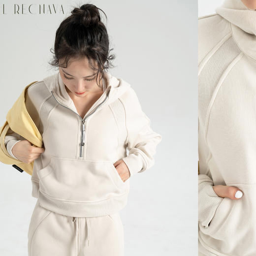 L RECNAVA [加绒卫衣] 半拉链短款卫衣 套头连帽长袖 显高显瘦 穿脱方便 商品图2