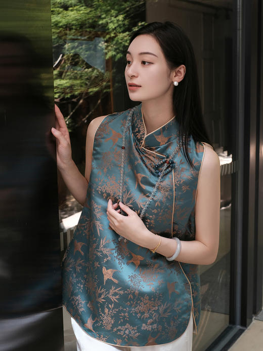 盛唐牡丹 |喜鹊纹真丝花锦缎偏襟马甲 商品图0