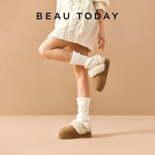 BeauToday 厚底雪地靴羊毛半拖女冬季毛毛拖鞋37068 商品图1
