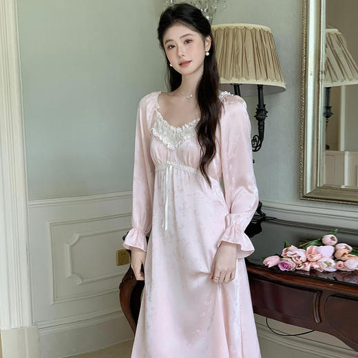 【秋冬严选❗️超仙法式长袖睡裙】自带胸垫，免穿内衣文胸垫，超舒服❗️睡衣新品长款冰丝公主风睡衣薄款可外穿家居服 商品图1