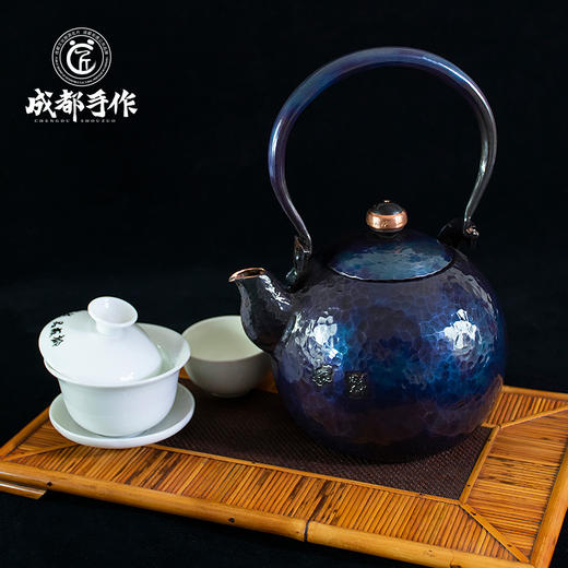 成都手作李小毛提梁胖墩铜壶 蓝彩釉 非遗工艺手工铜壶功夫茶具 商品图1