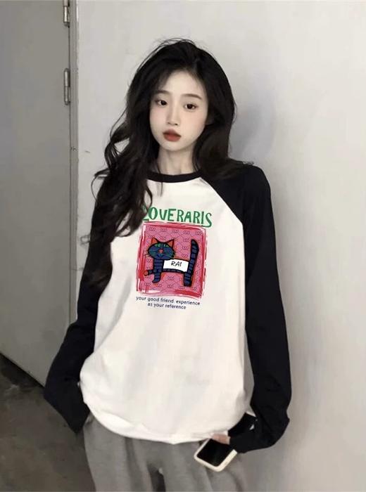 【YW】无忧购韩系ins休闲百搭宽松显瘦印花220g纯棉插肩长袖T恤（截单7天后发货） 商品图4