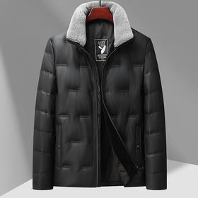【皮羽绒】【新款DTX】大依优型大码羽绒服皮夹克PU外套加肥加大肥佬休闲上衣男士胖子秋冬