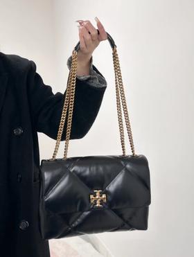 TORY BURCH 汤丽柏琦 Kira 钻石绗缝斜角双TLogo标志 帕纳皮革 斜挎单肩包 女款 黑色（CB）