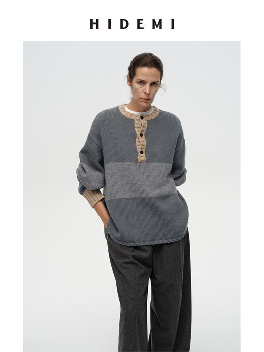 HIDEMI 进口澳洲美利奴羊毛趣味手绘拼色加厚款廓形松弛感亨利领大毛衣 蓝灰色\棕绿色 商品图6