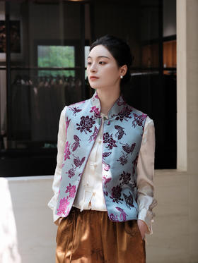 盛唐牡丹 |秋波蓝底色真丝漳绒马甲
