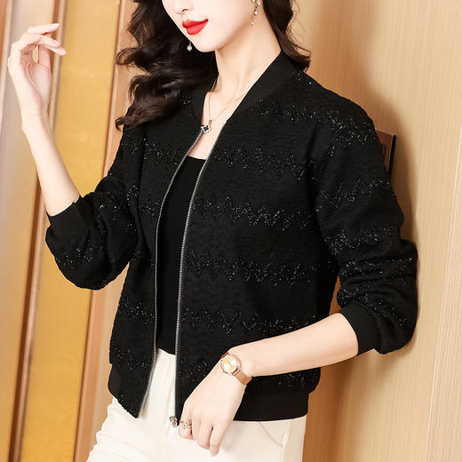 KQL-E49N535小香风外套女宽松休闲棒球服纯色镂空亮丝落肩袖夹克上衣 商品图0