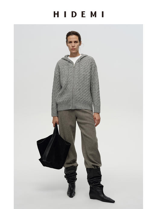 HIDEMI 【赵露思同款】进口澳洲美利奴羊毛绞花麻花花纱厚款宽松式连帽拉链毛衣外套长裤套装  藏蓝色/中灰色 帽衫\阔腿裤 商品图9
