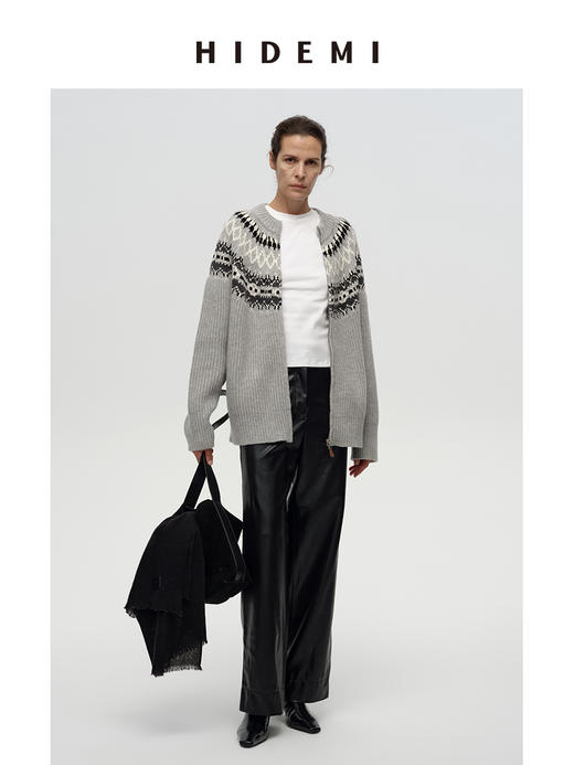 HIDEMI 澳洲进口美利奴羊毛手绘复古费尔岛提花多股粗砂纱加厚款毛衣大外套/针织毛线帽套装 卡其色\灰色 商品图9