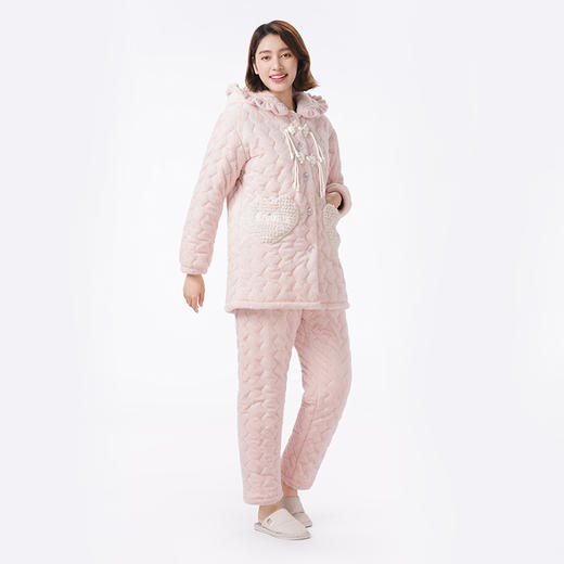 都市丽人睡衣夹棉系列长袖家居服兔毛绒烂花夹棉加厚女士夹棉套装LHT1Q5 商品图2