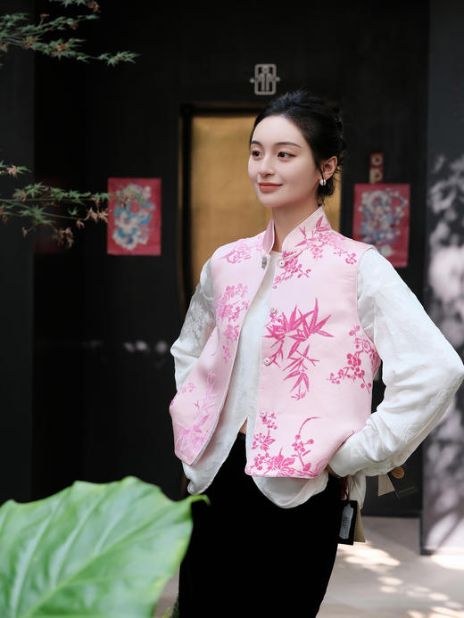 盛唐牡丹 |粉红底色真丝漳绒马甲 商品图1