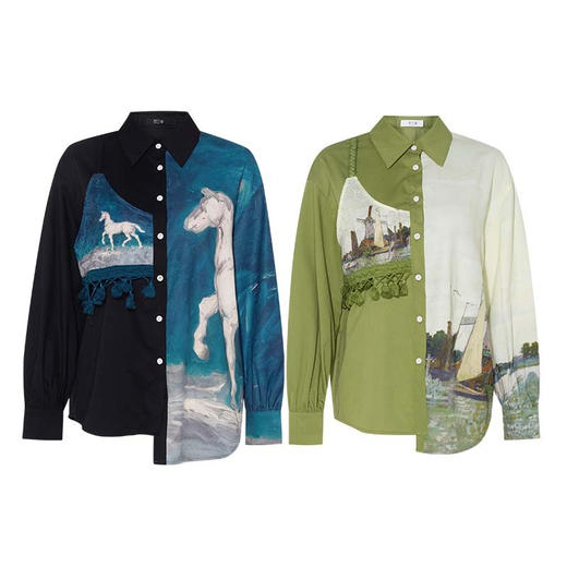 两三事梵高文艺弥秋诗野 印花布拼接不对称下摆衬衫女S24QC616 商品图4