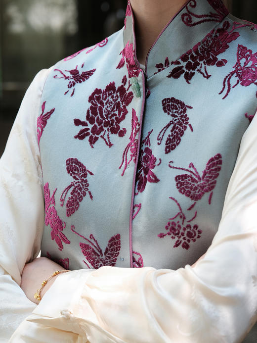 盛唐牡丹 |秋波蓝底色真丝漳绒马甲 商品图2