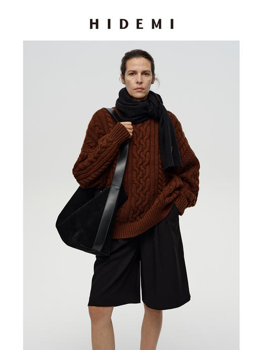 HIDEMI 极简中低腰可再生斜纹中厚款中低腰双压褶阔腿中裤  黑色/深灰色 商品图10