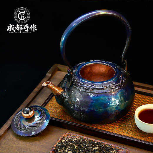 成都手作【李小毛梦幻系列提梁铜壶 】定制款铜茶壶 梦幻金沙铜/梦幻金沙蓝 两色可选  手工茶壶烧水壶 复古功夫茶壶【非物质文化遗产】【手工匠制】 商品图6