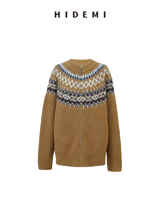 HIDEMI 澳洲进口美利奴羊毛手绘复古费尔岛提花多股粗砂纱加厚款毛衣大外套/针织毛线帽套装 卡其色\灰色 商品图12