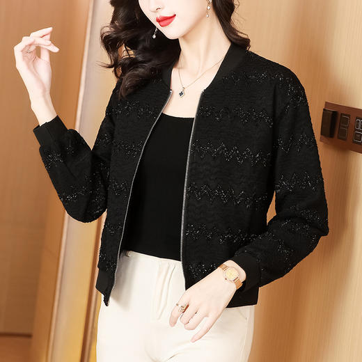 KQL-E49N535小香风外套女宽松休闲棒球服纯色镂空亮丝落肩袖夹克上衣 商品图2