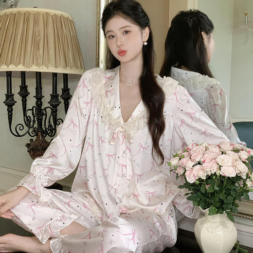 【秋冬严选！甜美公主风冰丝套装】法式睡衣女士长袖长裤秋季睡裤家居服可外穿 商品图2